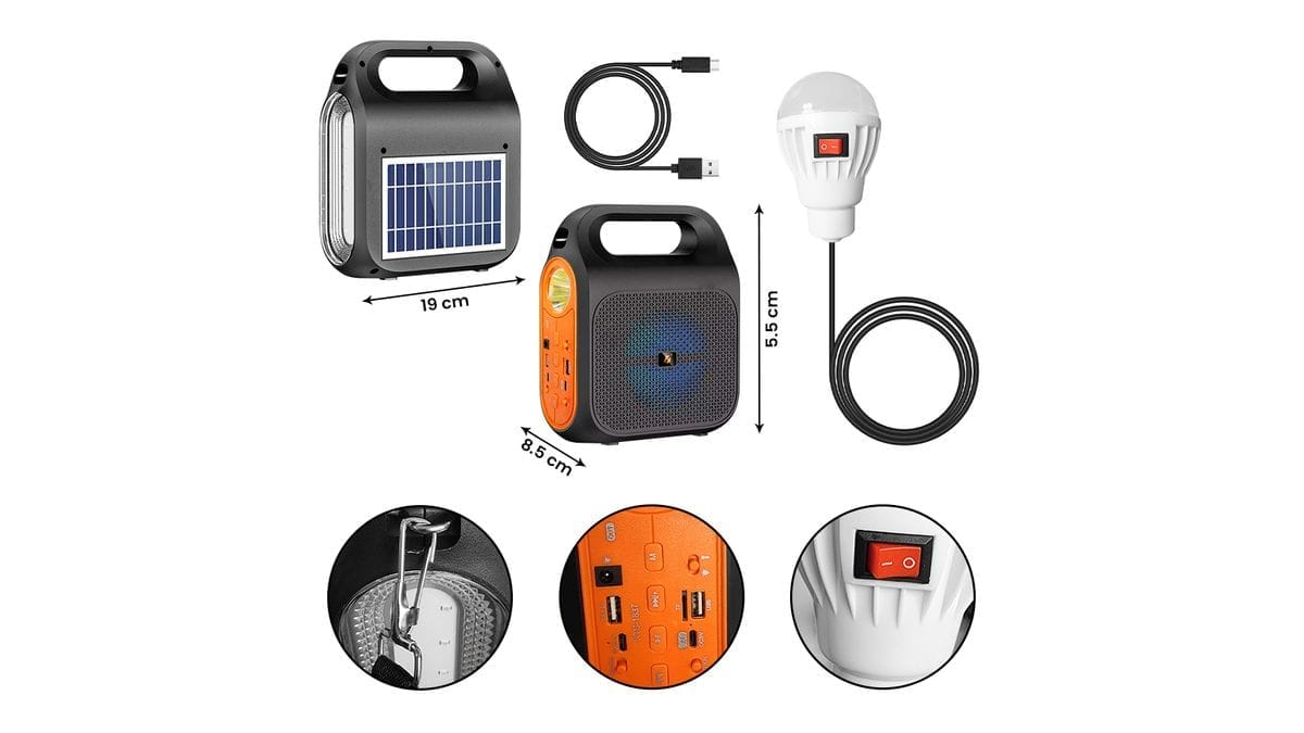 PARLANTE KTS POWER BANK CON BLUETOOTH (panel solar, foco, linterna, carga celular, multifuncional)