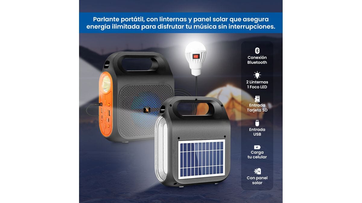 PARLANTE KTS POWER BANK CON BLUETOOTH (panel solar, foco, linterna, carga celular, multifuncional)