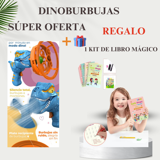 DINOBURBUJAS / PISTOLA ELÉCTRICA DE BURBUJAS + 🎁 ( 1 KIT DE 4 LIBROS MÁGICO) + 10 LAPICEROS MÁGICOS